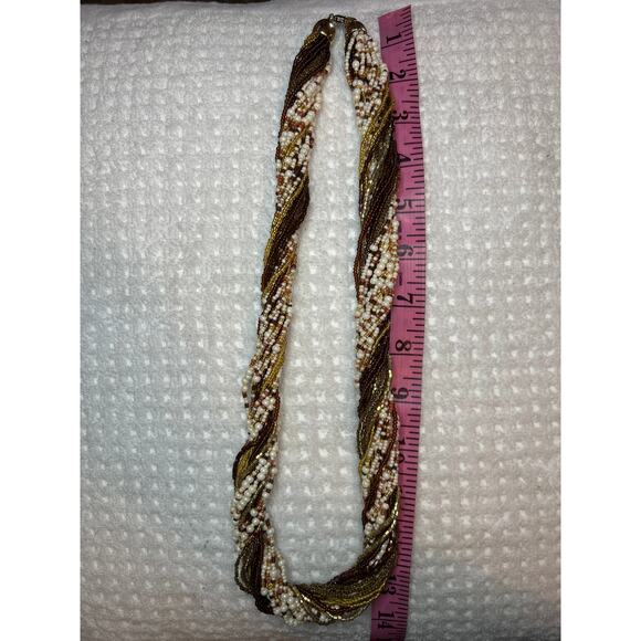 Vintage Honey Beaded Necklace Multi Strand Glass Braided Brown Cream Gold - Picture 7 of 7